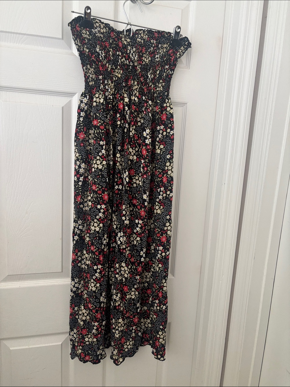 Top Secret Black Floral Smocked Dress with Cream and Red Accents